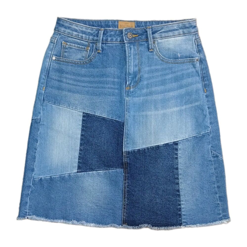 Driftwood Saydi Denim Skirt Womens 26 Patchwork Colorblock Raw Hem A-Line